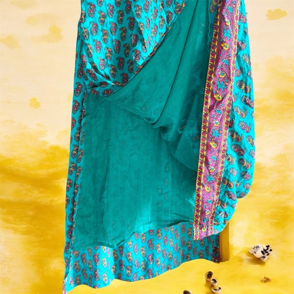 Silk Kurti Indian Design Vibrant Teal Dress Tunic with Purple Accents 31” Waist - Picture 5 of 9